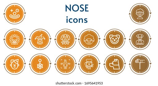 Editable 14 Nose Icons For Web And Mobile. Set Of Nose Included Icons Line Clown, Belly Piercing, Body, Dog, Handkerchief