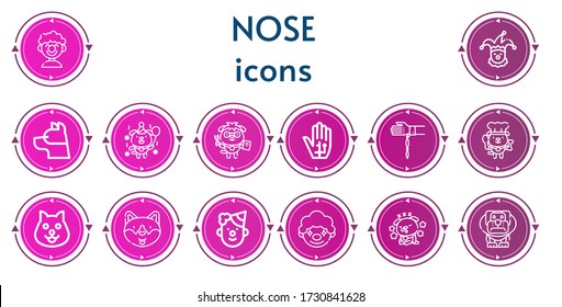 Editable 14 Nose Icons For Web And Mobile. Set Of Nose Included Icons Line Clown, Dog, Radiography, Handkerchief