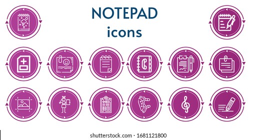 Editable 14 notepad icons for web and mobile. Set of notepad included icons line Sketchbook, Notes, Medical report, Note, Notepad, Contact book, Editing, Notebook, Medical history