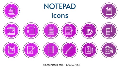 Editable 14 notepad icons for web and mobile. Set of notepad included icons line Note, Paper, Boarding, Notebook, Tasks, Notes, Writing, Edit, Medical history, Notepad