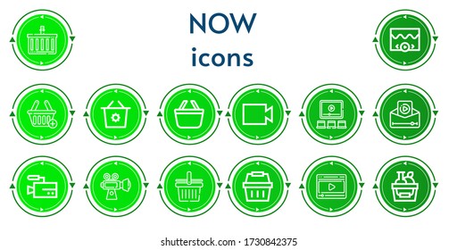 Editable 14 now icons for web and mobile. Set of now included icons line Shopping basket, Video