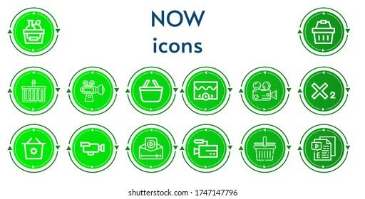 Editable 14 ahora iconos para web y móvil. Juego de iconos ahora incluidos línea Cesta de compras, Video, Subíndice