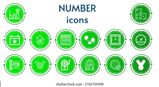 Editable 14 iconos de números para web y móvil. Conjunto de números incluidos línea de iconos Graph bar, Domino, Calendar, Trending topic, Time, Clock, Scan, Medalla, Bingo