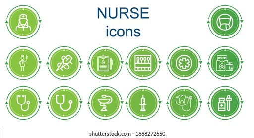 Editable 14 nurse icons for web and mobile. Set of nurse included icons line Nurse, Medicine, Needle, Medical history, Pharmacy, Medicines, Stethoscope, Syringe