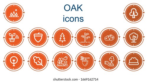 Editable 14 oak icons for web and mobile. Set of oak included icons line Tree, Acorn, Bush, Oak leaf, Trees