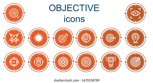 Editable 14 objective icons for web and mobile. Set of objective included icons line Target, Focus, Darts, Dartboard, Shutter, Camera flash