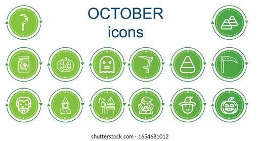 Editable 14 october icons for web and mobile. Set of october included icons line Scythe, Candy corn, Eye jar, Pumpkin, Ghost, Dracula, Witch, German