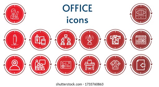 Editable 14 iconos de oficina para web y móvil. Conjunto de oficinas incluidas línea de iconos Entrevista, lápices de colores, Pluma, Notas, Estructura jerárquica, Papeles, Camisa, Calendario, Empleado