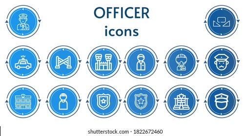 Editable 14 officer icons for web and mobile. Set of officer included icons line Policeman, Custome, Police car, Police line, Jail, Military, Police station, Criminal, badge