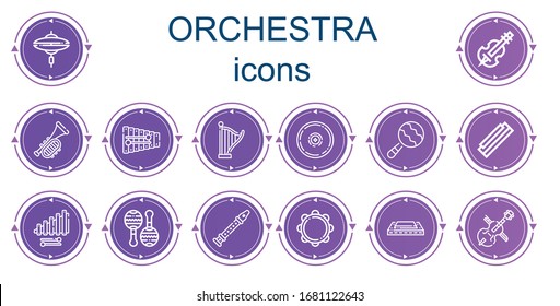 Editable 14 Orchestra Icons For Web And Mobile. Set Of Orchestra Included Icons Line Cymbal, Violin, Trumpet, Xylophone, Harp, Maraca, Harmonica, Maracas, Flute, Tambourine, Cello