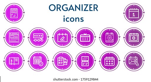 Editable 14 organizer icons for web and mobile. Set of organizer included icons line Notebook, Calendar, Deadline, Date, Notepad