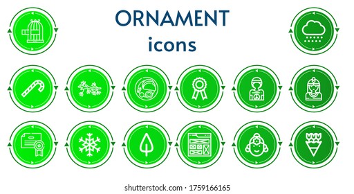 Editable 14 íconos de ornamento para web y móvil. Conjunto de ornamentos incluidos íconos línea jaula de pájaro, nieve, bastón de caramelo, flor, indio, certificado, hippie, nativo americano, copo de nieve