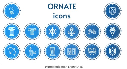 Editable 14 Ornate Icons For Web And Mobile. Set Of Ornate Included Icons Line Flower, Police Badge, Column, Snowflake, Flowers, Bow, Snow, Frame