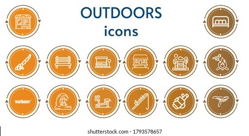 Editable 14 outdoors icons for web and mobile. Set of outdoors included icons line Bus stop, Bench, Fishing rod, Cabin, Marshmallow, Verizon, Skimboard, Golf, Saddle