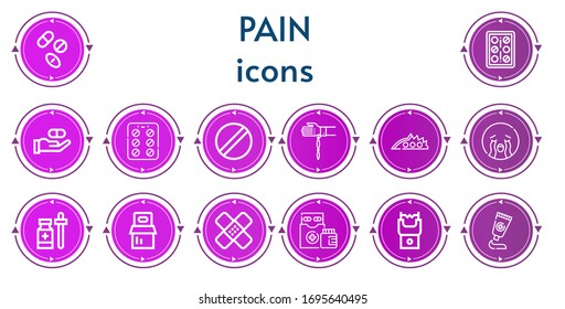 Editable 14 pain icons for web and mobile. Set of pain included icons line Drugs, Pills, Medicine, Contraceptive pills, Pill, Handkerchief, Knuckle, Crying, Plaster, Medicines