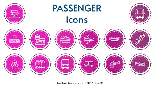 Editable 14 passenger icons for web and mobile. Set of passenger included icons line Bus, Airport, Cruise, Airplane, Boat, Seat belt, Ship, Locomotive, Helicopter, Aeroplane