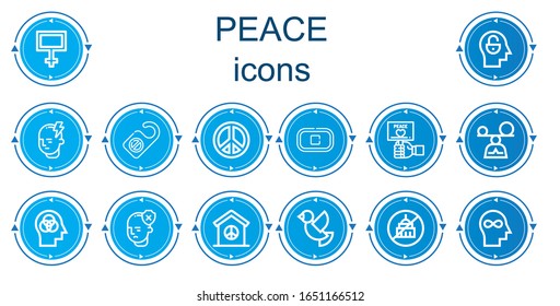 Editable 14 peace icons for web and mobile. Set of peace included icons line Peace, Mind, Door hanger, sign, Stop, Mindfulness, Dove, Ngo
