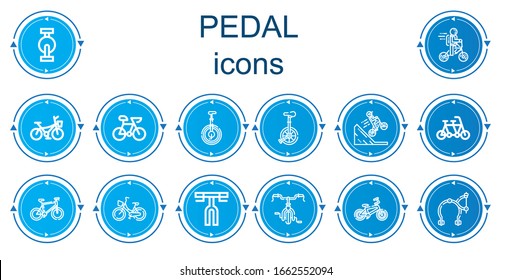 Bearbeitbar 14 Pedalsymbole für Web und Mobile. Pedal-Set inklusive Ikonen Linie Pedal, Bike, Fahrrad, Einrad, Bmx, Tandem, Lenkstange, Bremke