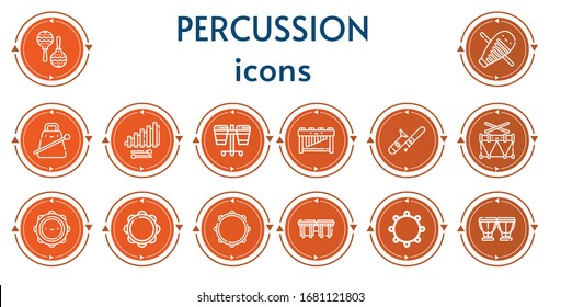 Editable 14 percussion icons for web and mobile. Set of percussion included icons line Maraca, Guiro, Cowbell, Xylophone, Drum, Marimba, Trombone, Tambourine, Bongos, Timpani