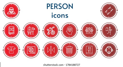 Editable 14 person icons for web and mobile. Set of person included icons line Bodyguard, Stretcher, Contact list, Artist, Bicycle, Mind, Students, Terror, Best friend, Network