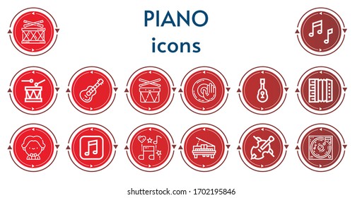 Editable 14 piano icons for web and mobile. Set of piano included icons line Drum, Music, Guitar, Drums, Dj music, Accordion, Musician, Piano, Cello