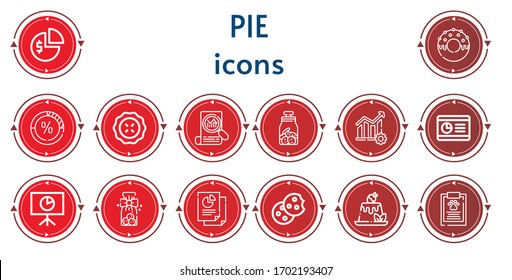 Editable 14 pie icons for web and mobile. Set of pie included icons line Pie chart, Donut, Stats, Cookies, Diagram, Graph, Analytics, Cookie, Pudding, Report