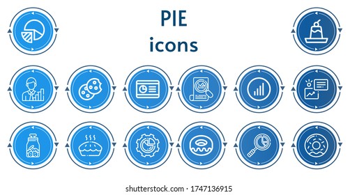 Editable 14 pie icons for web and mobile. Set of pie included icons line Pie chart, Pudding, Analytics, Cookie, Graph, Stats, Bars graphics, Statistics, Cookies, Donut