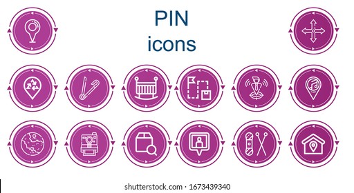 Editable 14 pin icons for web and mobile. Set of pin included icons line Placeholder, Position, Safety pin, Crib, Route, Locate, Gps, Instant camera, Localize, Location Knit