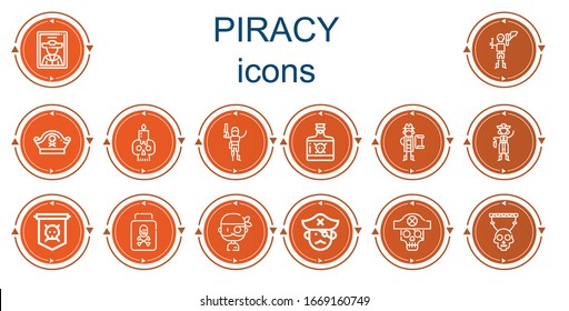 Bearbeitbar 14 Pirateriesymbole für Web und Mobile. Satz der Piraterie enthält Symbole der Linie Pirate, Piratenhut, Skull, Gift, Jolly roger