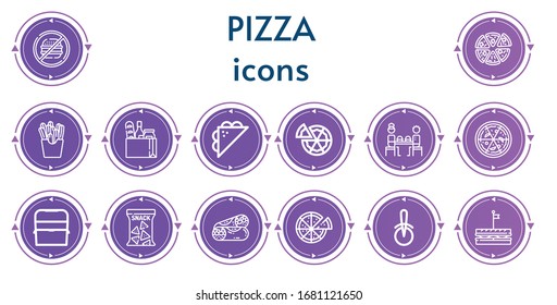 Editable 14 iconos de pizza para web y móvil. Conjunto de pizzas incluidas íconos línea comida chatarra, pizza, patatas fritas, comida, sandwich, comida rápida, caja de hielo, Snack, burrito, mantequilla