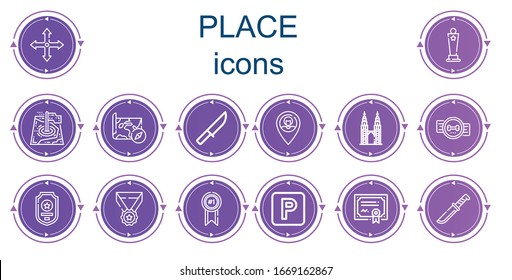 Editable 14 place icons for web and mobile. Set of place included icons line Position, Award, Map, Knife, Placeholder, Petronas, Badge, Medal, Parking, Merit