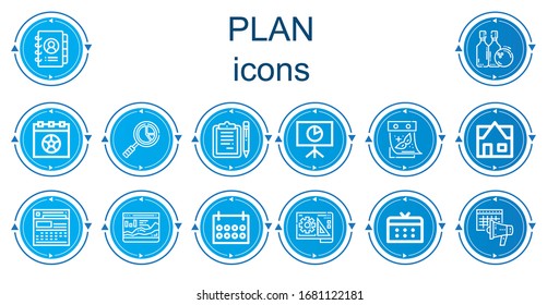 Editable 14 iconos de plan para web y móvil. El conjunto de planes incluye iconos línea Agenda, Bowling, Calendar, Analytics, Clipboards, Inmobiliario, Blueprint