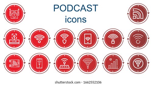 Editable 14 iconos de podcast para web y móvil. Conjunto de podcast que incluye iconos línea Wifi, Rss, Wireless, señal Wifi, Hotspot