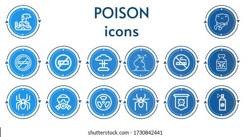 Editable 14 poison icons for web and mobile. Set of poison included icons line Snake, Frog, No smoking, Nuclear, Smoke, Posion, Spider, Gas mask, Radioactive, Jolly roger, Insecticide