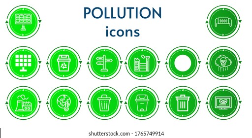 Bearbeitbare 14 Verschmutzungssymbole für Web und Mobile. Gruppe von Umweltverschmutzungen umfasst Symbole Zeile Solarpaneel, Sicherheitsmaske, Recycling, Panel, Fabrik, Biowaffe, Kernkraftwerk, Erderwärmung