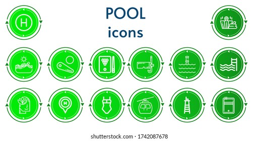 Editable 14 pool icons for web and mobile. Set of pool included icons line Hotel, Sauna, Swimming, Pinball, Billiard, Diving mask, Underwater, Swimming pool, Relax, Swimsuit