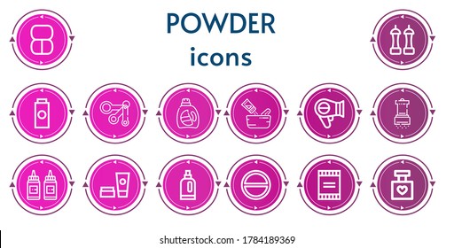 Editable 14 powder icons for web and mobile. Set of powder included icons line Makeup, Salt, Baby powder, Measuring spoons, Detergent, Seasoning, Hairdryer, Condiment, Cosmetics