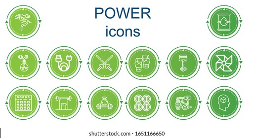 Editable 14 power icons for web and mobile. Set of power included icons line Dragon, Oil, Energy, Charge, Spears, Boxing, Piston, Pinwheel, Mixer, Weightlifting, Barrels, Loader