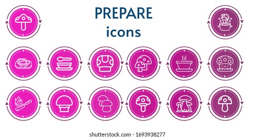 Editable 14 prepare icons for web and mobile. Set of prepare included icons line Mushroom, Soup, Steak, Flambe, Mushrooms