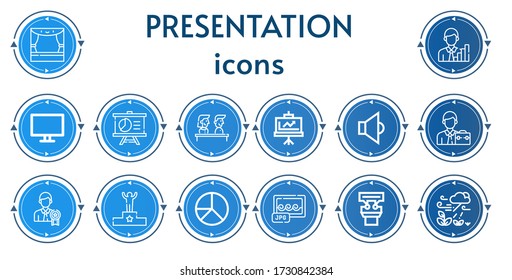 Editable 14 presentation icons for web and mobile. Set of presentation included icons line Stage, Analytics, Computer, Presentation, Training, Speaker, Businessman, Podium, Pie chart