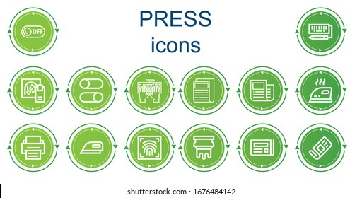 Editable 14 press icons for web and mobile. Set of press included icons line Off, Keyboard, Fingerprint, Switches, Newspaper, News, Iron, Printer, Ironing, Fingerprint scan, Silkscreen