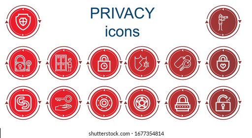 Editable 14 privacy icons for web and mobile. Set of privacy included icons line Shield, Vigilance, Padlock, Lockers, Padlocks, Protection, Keys, Safecopy backup, Key, Data protection