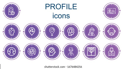 Editable 14 profile icons for web and mobile. Set of profile included icons line Woman, Profile, Mind, Placeholder, Head, Man, Avatar, User, Setup, Suit