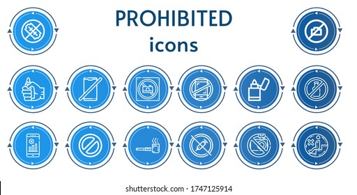 Editable 14 prohibited icons for web and mobile. Set of prohibited included icons line No weapons, No camera, Lighter, No phone, photo, phones, alcohol, wifi, Banned