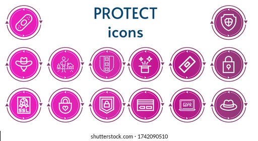 Editable 14 protect icons for web and mobile. Set of protect included icons line Plaster, Shield, Hat, Shelter, Bandage, Padlock, Ssl, Security, Key card, GDPR