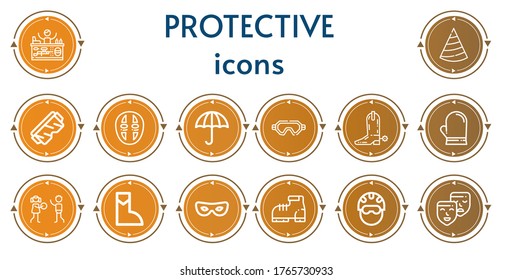 Editable 14 protective icons for web and mobile. Set of protective included icons line Paintball, Hat, Safety glasses, Mask, Wet protect, Boot, Glove, Human rights, Helmet, Masks