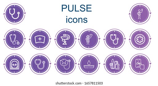 Editable 14 iconos de pulso para web y móvil. Conjunto de impulsos incluidos íconos línea Stethoscope, Enfermera, Farmacia, Cardiólogo, Muerte, Prueba de Sangre, Presión