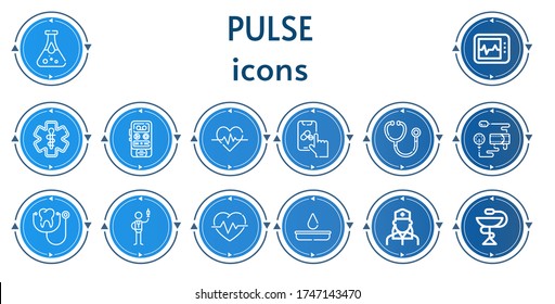 Editable 14 pulse icons for web and mobile. Set of pulse included icons line Blood test, Electrocardiogram, Pharmacy, Voice recorder, Heartbeat, Stethoscope, Blood pressure gauge