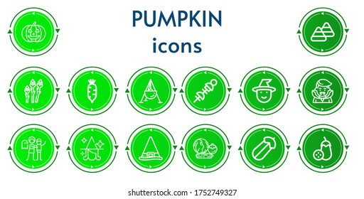 Editable 14 íconos de calabaza para web y móvil. Conjunto de calabaza incluido íconos línea Calabaza, maíz dulce, espárragos, rábano, caldero, verduras, bruja, dracula, casa embrujada, Courgette