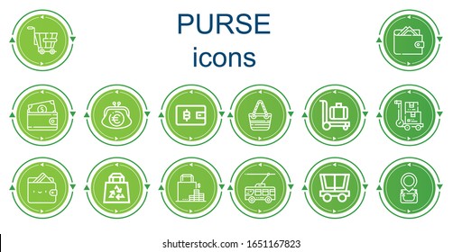 Editable 14 purse icons for web and mobile. Set of purse included icons line Trolley, Wallet, Purse, Hand bag, Bag, Shopping